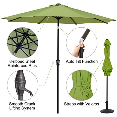 Grand patio 9' Outdoor Aluminum Market Umbrella with Auto Tilt and Crank, 8 Ribs, Green