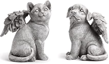 Napco Winged Dog, Cat Angels Concrete Look 6 x 8.25 Resin Garden Figurines, Set of 2