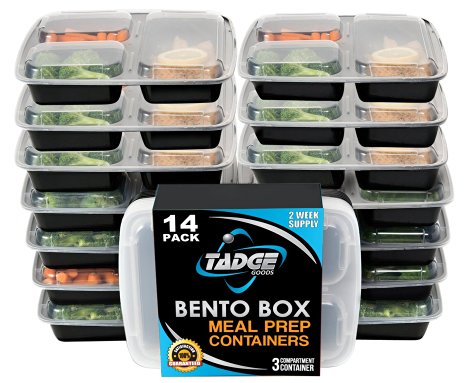 Meal Prep Containers 3 Compartment - 14 Pack Lunch Box Bento Box - Food Storage Portion Control Containers - 21 Day Fix BPA Free, Reusable, Microwave Dishwasher & Freezer Safe