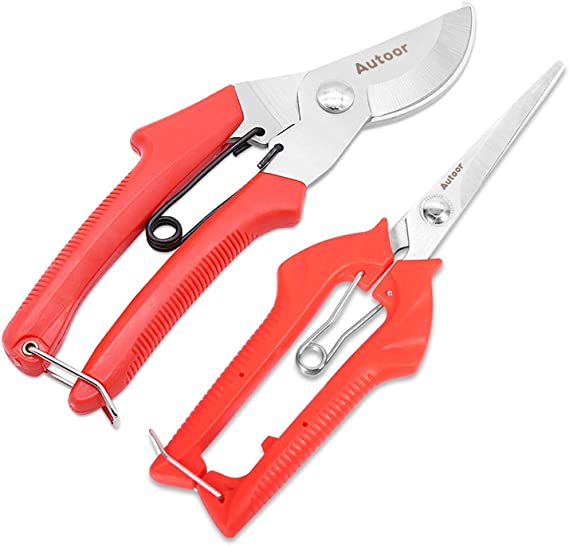 Autoor Garden Pruning Shears Set,2-Pack Straight/Curved Blade Ultra Lightweight Gardening Clippers for Cutting Flowers, Trimming Plants, Bonsai, Fruits Picking (2-Pack Red)