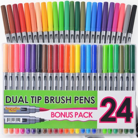 Dual Tip Brush Pens with Fineliner Tip (24 PACK, No Duplicates!) Paint Brush Style Ink Tip and 0.4mm Fine line tip on the other side. Perfect for Artists, Watercolor, Sketching, Coloring, and More!