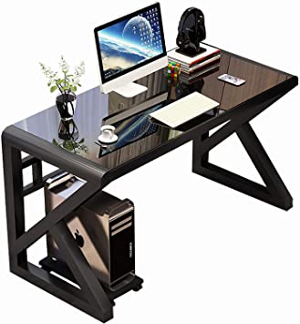 Glass Computer Desk with Metal Frame, Home Office Desks Computer Table Modern Simple Office Study Gaming Work Writing Desk Table for Home Office, Black (K Shape-39.3inch)