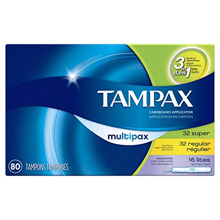 Tampax Cardboard Applicator Tampons, Multipack, Light/Regular/Super Absorbency, Unscented, 80 Count - Pack of 2 (160 Total Count)