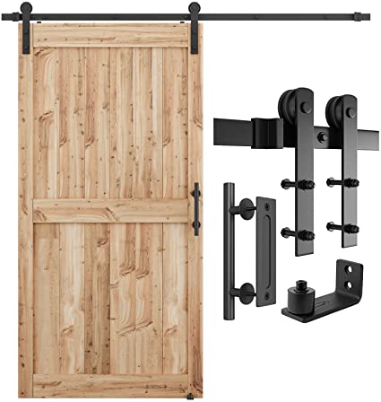 SMARTSTANDARD 7 FT Heavy Duty Sturdy Sliding Barn Door Hardware Kit, Black, (Whole Set Includes 1x Pull Handle Set & 1x Floor Guide) Fit 40''-42" Wide Door Panel (I Shape Hanger)