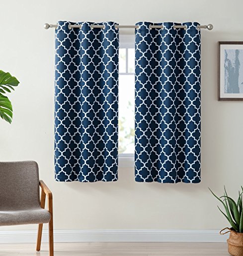 HLC.ME Lattice Print Thermal Insulated Room Darkening Blackout Window Curtain Panels for Living Room - Set of 2 - 37" W x 63" L - Navy Blue