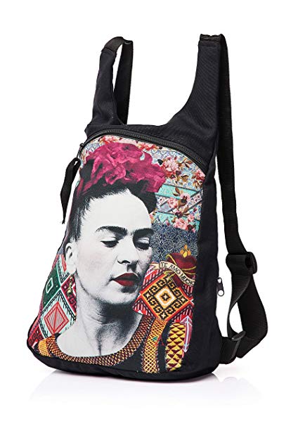 Akitai Frida Kahlo Portrait Black Canvas Printed Backpack Womens Purse Fashion Gypsy Bohemian Art Summer Ideas