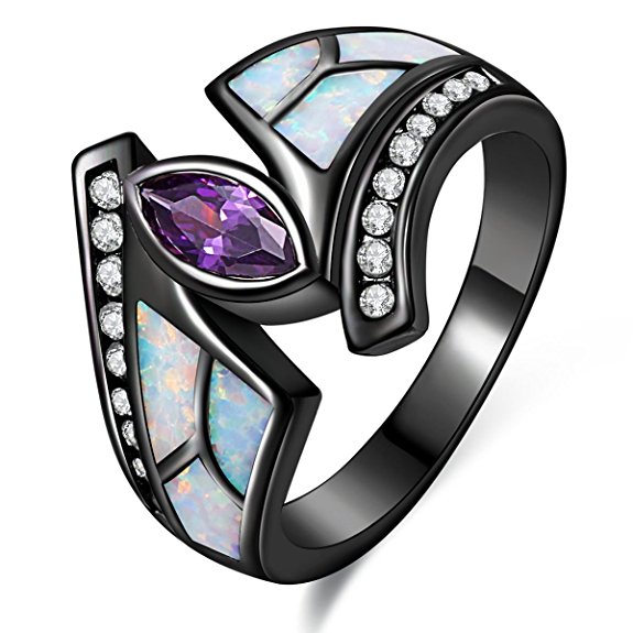 Lady Rings White Fire Opal Purple Cubic Zirconia Black Plated Flower Leaf Bypass Party Jewelry Mother 's Day Gift Size 5-10