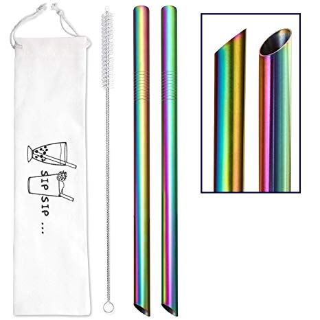 [Angled Tips] 2 Pcs Jumbo Reusable Boba Straws & Smoothie Straws - Rainbow Colors, 0.5" Wide Stainless Steel Straws, Metal Straws for Bubble Tea, Milkshakes, Smoothies |1 Cleanning Brush & 1 Case