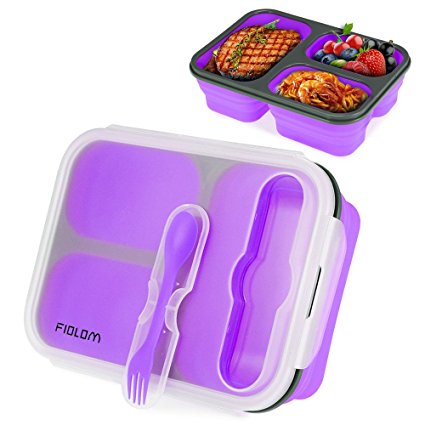 Bento Lunch Box, FIOLOM 3 Compartment Leakproof Meal Prep Container Portion Control Food Storage Container with Fork Spoon Dishwasher Safe Reusable Stackable Bento Box for Kids, Adults (Purple)
