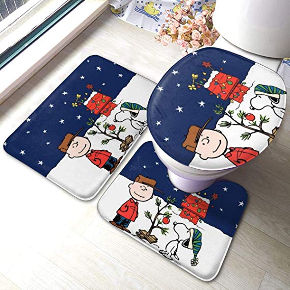 Christmas Cartoon Snoopy Bath Mat 3 Piece Set Bathroom Carpet Set Soft Anti-Skid Pads Bath Mat   Contour Pads   Toilet Lid Cover, Absorbent Carpet Bath and Mat Anti-Slip Pads Set