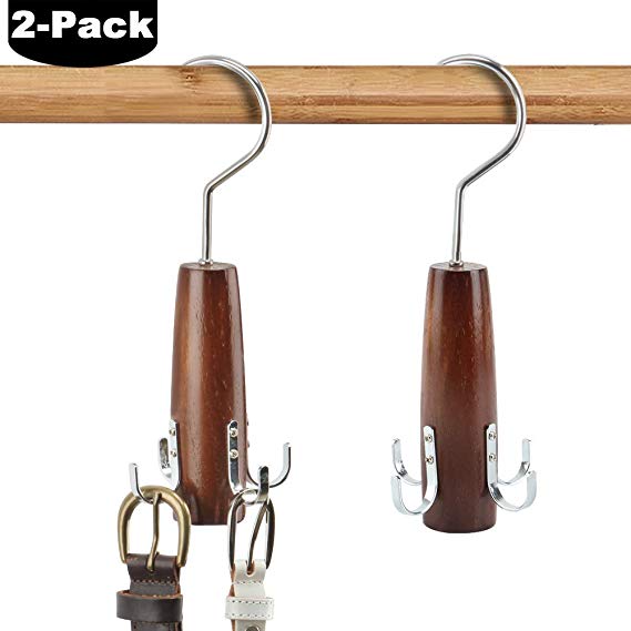 HangerSpace Belt Tie Rack Scarf Hanger for Closet, 2 Pack Swivel Hook Easy On/Off Space Saving Organizer Sturdy Wood Holder for Scarves, Belts, Ties and Accessories (Walnut)