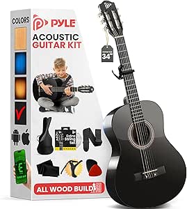 Pyle Beginner Acoustic Guitar Kit, 1/2 Junior Size All Wood Build Nylon String Instrument with Capo, Gig Bag, Strap, Extra String Set, Guitars for Beginners Adults and Youth, 34" Black Gloss