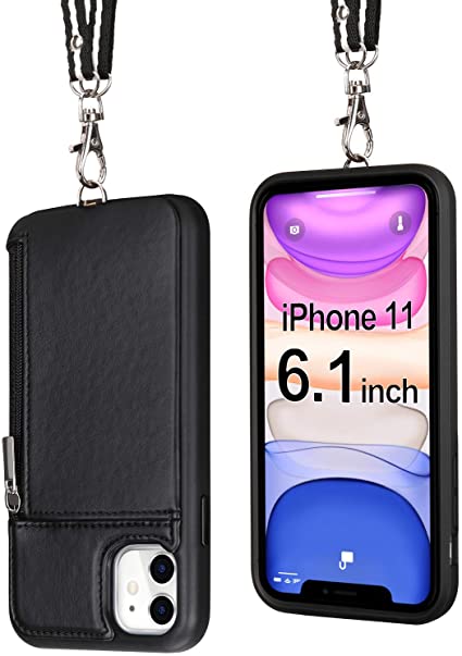 Labato iPhone 11 Leather Necklace Lanyard Strap Case with Card Holder, iPhone 11 Leather Wallet Case with Strap Zipper Shockproof Travel Case for Apple iPhone 11 6.1 inches Black