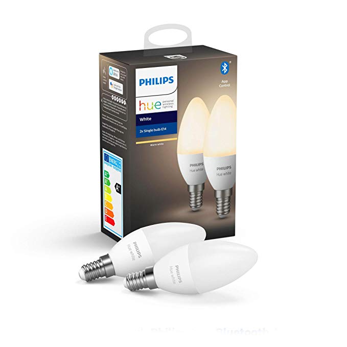 Philips Hue White Smart Candle Bulb Twin Pack LED [E14 Small Edison Screw] with Bluetooth, Works with Alexa and Google Assistant