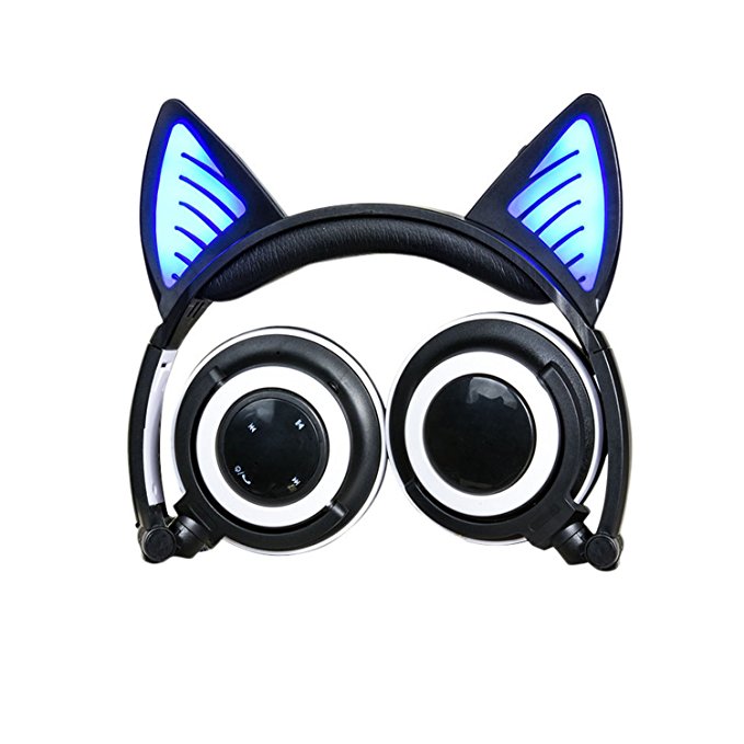 Wireless Bluetooth Cat Ear Headphones Adult, Aiture Headset Flashing Glowing Cosplay Fancy Cat Headphones Foldable Over-Ear Earphone with LED Flash Light for Android Mobile Phone,Macbook (Black)