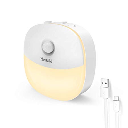 Newild Rechargeable LED Night Light, Adjustable Brightness Warm White nightlight for Kids, Motion Sensor for Hallway, Kitchen, Bathroom, Bedroom, Stairs, Li-Polymer Battery