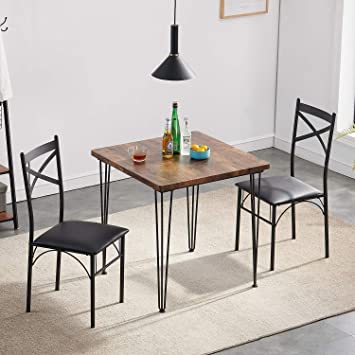 VECELO Modern Industrial Style 3-Piece Dining Room Kitchen Table and Pu Cushion Chair Sets for Small Space, Retro Brown