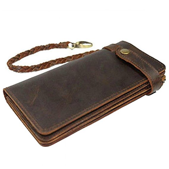 Itslife Men's RFID BLOCKING Brown Bifold Vintage Long Style Hand Made Leather Chain Wallet