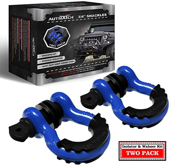 AUTMATCH Shackles 3/4" D Ring Shackle (2 Pack) 41,887Ib Break Strength with 7/8" Screw Pin and Shackle Isolator & Washers Kit for Tow Strap Winch Off Road Towing Jeep Vehicle Recovery Blue & Black