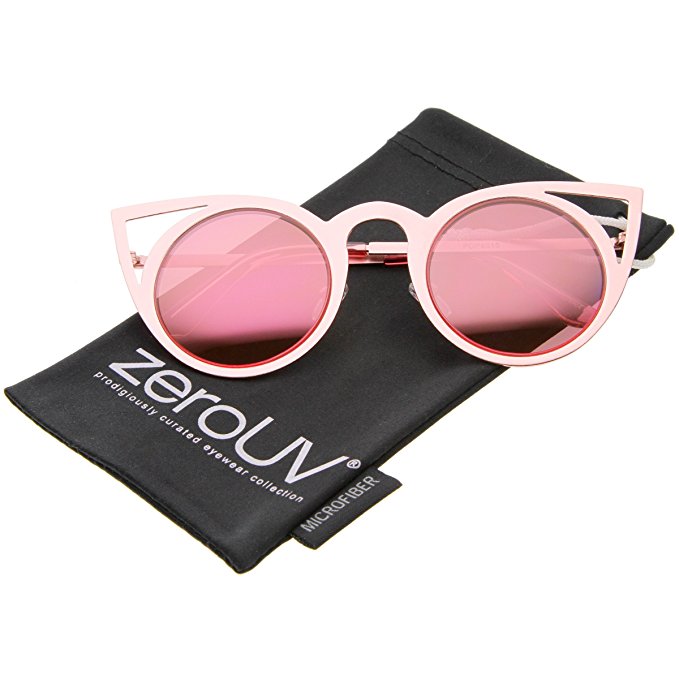 zeroUV - Womens Fashion Round Metal Cut-Out Flash Mirror Lens Cat Eye Sunglasses