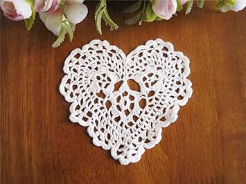 Fennco Styles Handmade Crochet Lace Heart Shape Centerpiece Doily - 5 Sizes - 2 Colors (4-inch, White Color, Set of 4)
