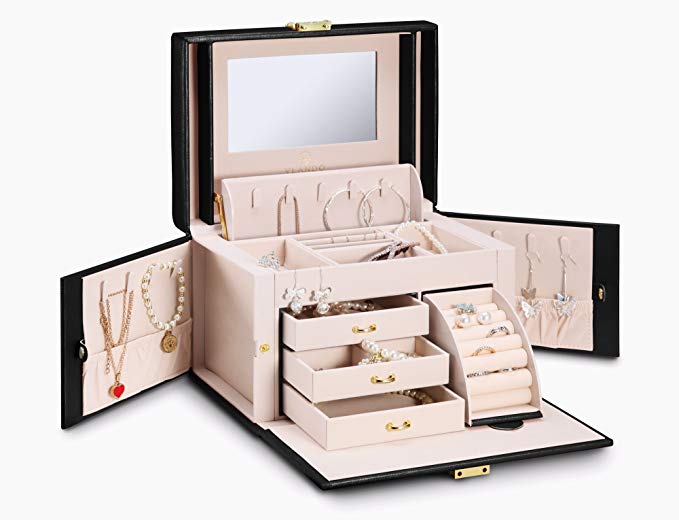 Vlando Faux Leather Jewellery Box Organiser, Fabulous Christmas Gift, Birthday Gift, & Wedding Gift (Black-Cross Pattern)