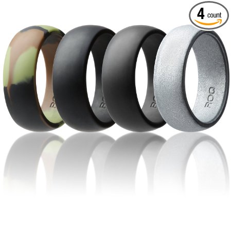 Silicone Wedding Ring For Men By ROQ Affordable Silicone Rubber Band, 4 Pack - Camo, Metal Look Silver, Black, Grey, Light Grey