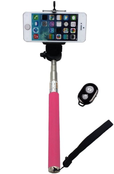 UFCIT RI-C056 Extendable Monopod Selfie Stick with Adjustable Phone Holder and Bluetooth Wireless Remote Shutter - Pink
