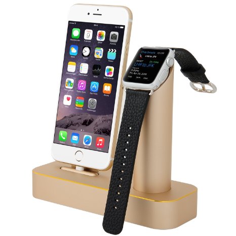 Premium [2 in 1] Apple Watch Stand & iPhone Stand, [Charging Dock] Solid Aluminum Body Desk Charging Station, Apple Watch Charging Stand Cradle Holder for Apple iWatch 38mm/42mm, Comfortable Viewing Angle Charging Stand for iPhone 5, 5s, 6, iPhone 6 Plus (MM601) (Champagne Gold)