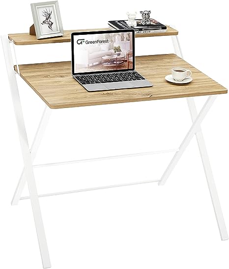GreenForest Small Folding Desk No Assembly Required,24.8 x 17.7 inch 2-Tier Computer Desk with Shelf Space Saving Foldable Table for Small Spaces, Oak
