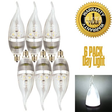 ELETA 6 Pack E12 LED Candelabra / Chandelier Bulbs, Daylight 6000 Kelvin, 3W Equivalent to 25W, 250 Lumens, Non-Dimmable, Silver Color Shell, Flame Shape