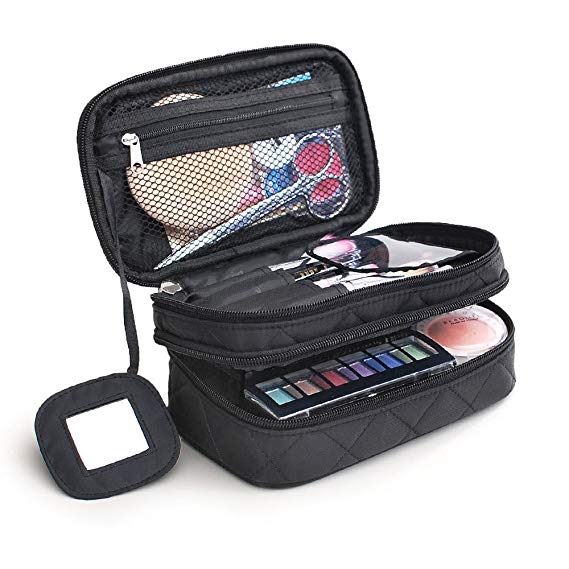 Samtour Cosmetic Makeup Brush Organizer Makeup Bag with Durable 2 layer Large Capacity Mirror Multifunctional Portable Makeup Pouch Holder Case for Women for Travel Home Black