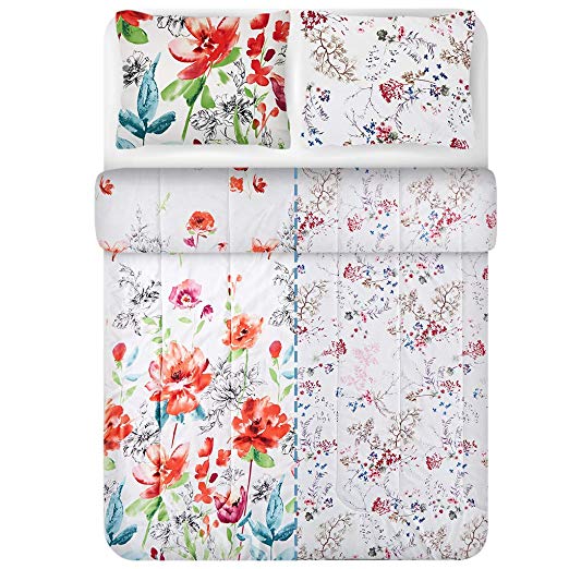 LANGRIA Comforter Set with Floral Print Reversible Design, Ultra Soft and Lightweight Down Alternative Fill All-Season Machine Washable Bedding with 2 Pillow Cases (Queen Size)