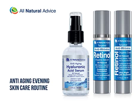 All Natural Advice Anti Aging Night Routine Bundle with our Three Best Morning Night Time Organic Skin Care (Pack of 3) including Retinol Ultra Night Lift Treatment (50ml), Retinol Serum (50ml) and Hyaluronic Acid Serum (60ml). Proud to be Made in Canada