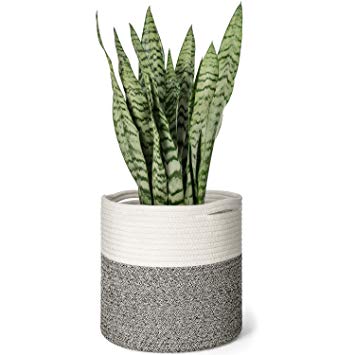 Mkono Cotton Rope Plant Basket Modern Floor Indoor Planter Up to 10 Inch Flower Pot Woven Storage Organizer with Handles Home Decor, 11" x 11"