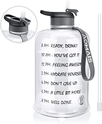 AOMAIS Gallon Water Bottle with Motivational Time Marker, Straw, Big Water Jug, Wide Mouth Leak Proof lid with Spout, BPA Free Reusable Plastic Bottles for Running Sports Fitness Outdoor