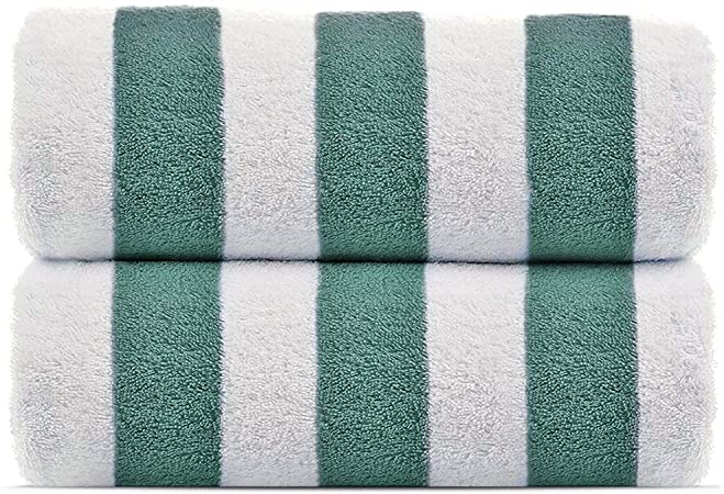 100% Turkish Cotton, Luxury Eco-Friendly Cabana Stripe Highly Absorbent Pool Beach Towels for Beach, Pools and Travel (30x60 inches) 2 Pack, Green