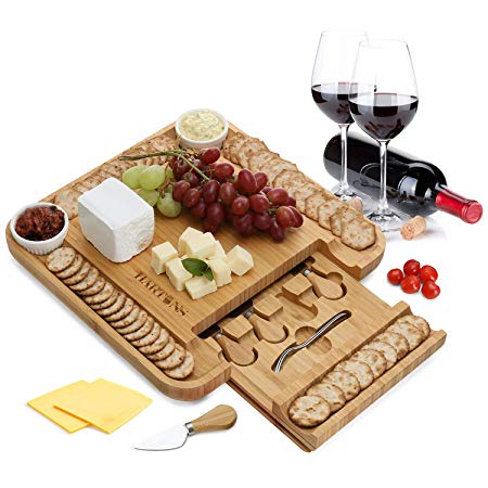 Bamboo Cheese Board 100% Natural with 6 Piece Cutlery Set In Slide-Out Drawer Strongest-and-Heaviest Duty Charcuterie Platter and Serving Meat Board, Cheese Platter With 2 Ceramic Cups - by Hartons