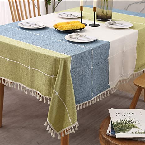 Table Cloth Rectangle, 55 x 120Inch Blue & Green, Checkered Oblong Tablecloth, Table Cover Protector with Tassel Stripe for Kitchen Dinning Tabletop Decoration.