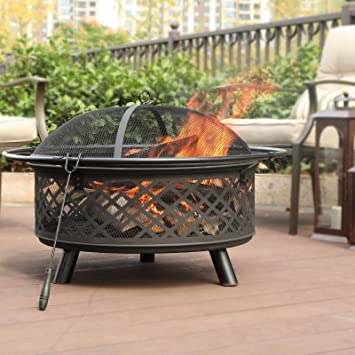 Sophia & William Outdoor Wood Burning Fire Pit Round 32" Heavy Duty, Large Patio Steel Bonfire BBQ Grill Firepit with Dense Mesh Spark Lid and Fire Poker for Outside Backyark, Black