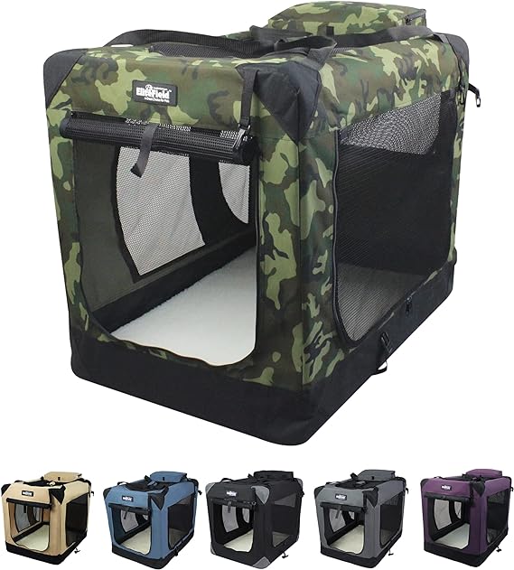 EliteField 3-Door Folding Soft Dog Crate with Carrying Bag and Fleece Bed (2 Year Warranty), Indoor & Outdoor Pet Home (42" L x 28" W x 32" H, Camo)