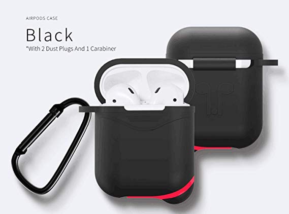 Jasion Shockproof AirPods Case Full Protective Silicone Cover Accessories and Skin Compatible with Carabiner for Airpods Charging Case (Normal-Black)