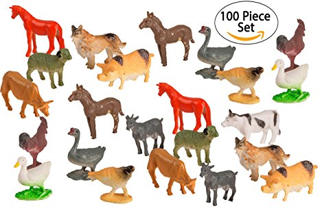 100 Piece Party Pack Mini Farm Animals - Plastic Mini Educational Animal Toys - Fun Gift Party Giveaway