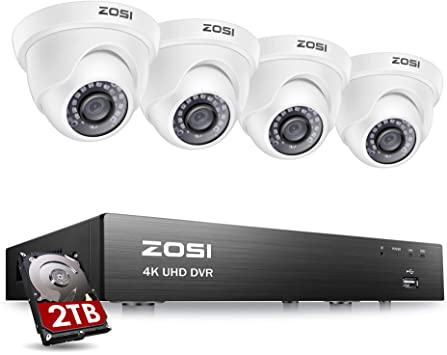 ZOSI 4K Ultra HD Home Security Camera System Outdoor Indoor, H.265  8 Channel CCTV DVR with 4 x 4K (8MP) Surveillance Dome Camera Weatherproof, 150ft Night Vision, 2TB Hard Drive, Remote Access