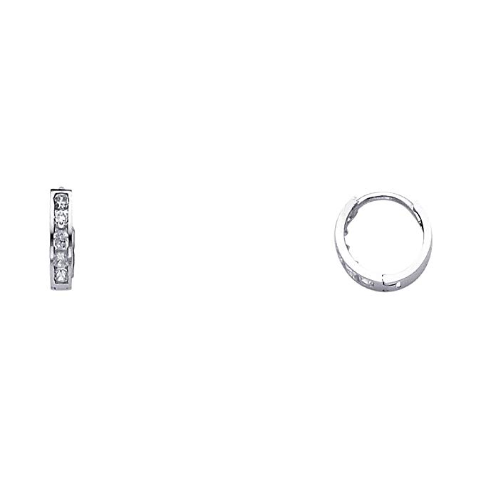 14k White Gold 2mm Thickness CZ Channel Set Hoop Huggie Earrings - 3 Differnet Size Available