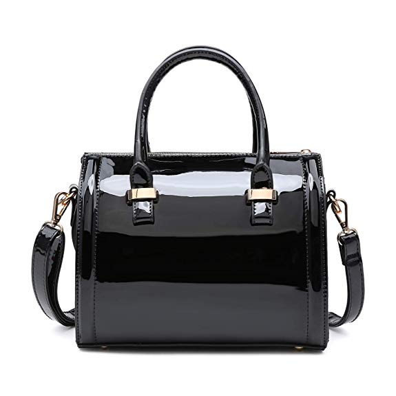 Shiny Patent Faux Leather Handbags Barrel Top Handle Satchel Bag Shoulder Bag for Women