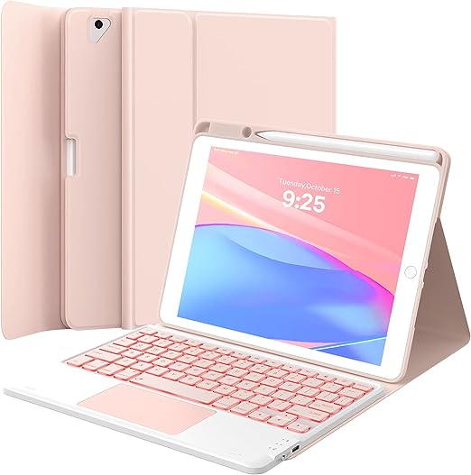 GreenLaw Touch iPad 9th 8th 7th Generation Case with Keyboard 10.2 inch, 7 Color Backlit, Stain Resistant Cover, 2-Devices Connection Keyboard for iPad Air 3rd Gen. iPad Pro 10.5, Pink Blush