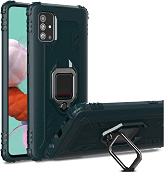 Ruisyi for Galaxy A51 Case,TPU Carbon Fiber Soft Rubber Case with Kickstand Texture Anti-Slip Shock Absorber Protective Case Cover for Samsung Galaxy A51 (DarkGreen)