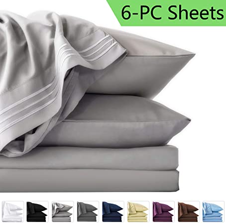 LIANLAM California King 6 Piece Bed Sheets Set - Super Soft Brushed Microfiber 1800 Thread Count - Breathable Luxury Egyptian Sheets Deep Pocket - Wrinkle and Hypoallergenic(Grey)