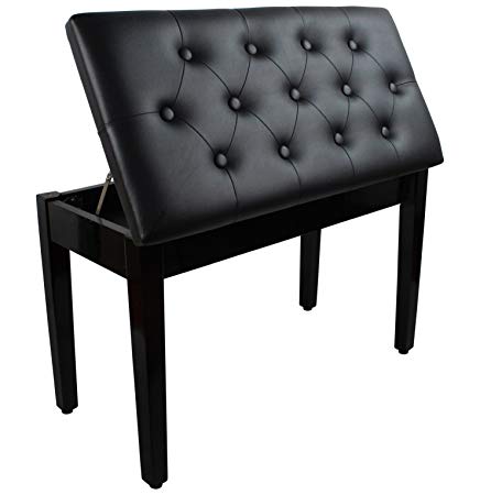 YMC Black Ebony Wood Leather Piano Bench Padded Double Duet Keyboard Seat Storage (Black)